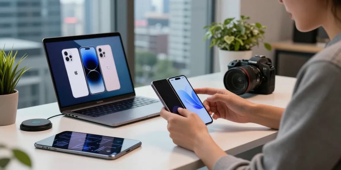 Testing the innovative tri-fold phone in a modern tech workspace, showcasing multitasking capabilities and a vibrant atmosphere.