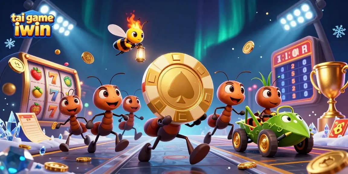 Engaging scene with the tai game iwin theme, featuring a team of animated ants heist with golden poker chips.