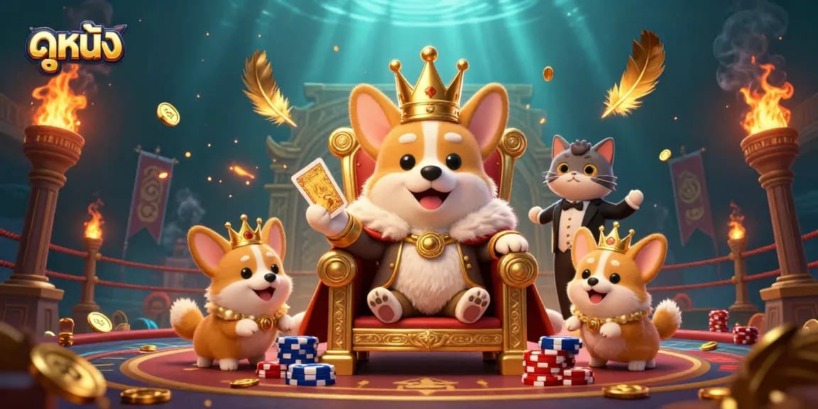 Immerse in ดูหนัง at a thrilling casino-themed scene with a royal corgi surrounded by golden tokens.