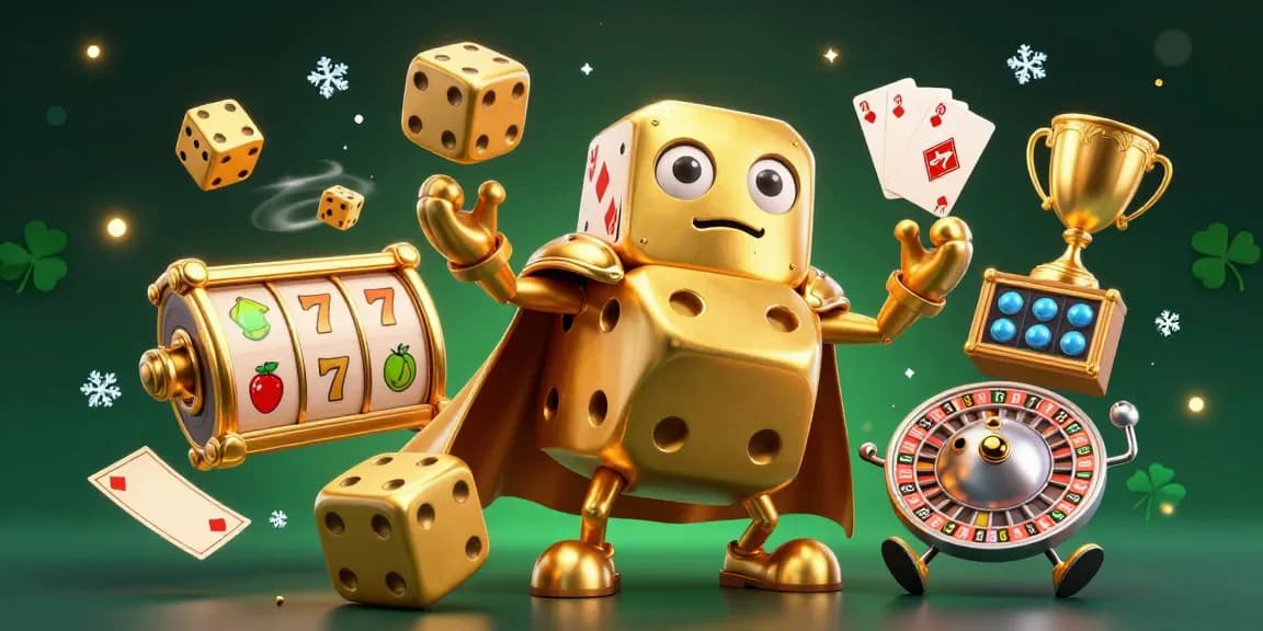 Fun79 brings excitement with golden dice golem juggling in a rich casino scene full of lucky symbols.