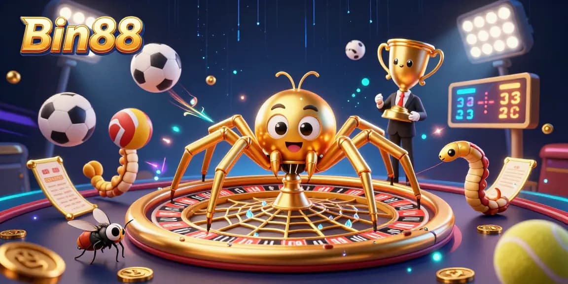 Bet big with Bin88's exciting casino scene: a spider, fly, and croupier spinning for wins.