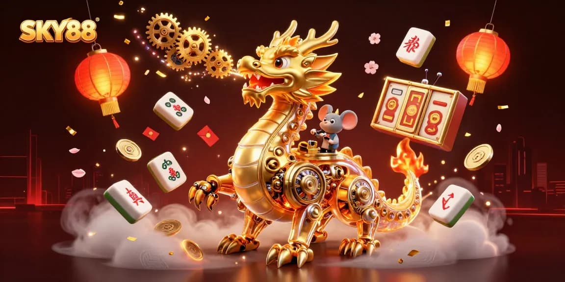 Engage with thrilling games at SKY88, featuring a dynamic dragon and vibrant casino elements.