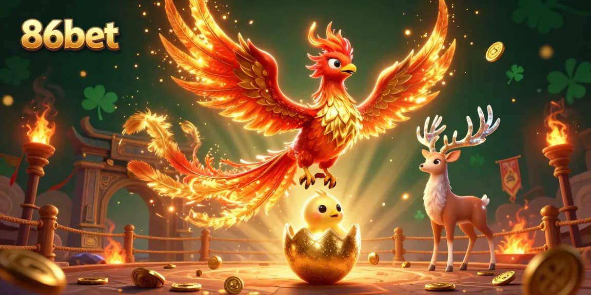 Engage in 86bet's thrilling gaming adventure with vibrant characters and dynamic casino elements!