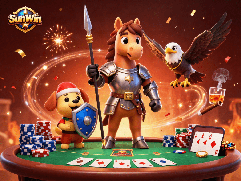 Experience excitement at SunWin's vibrant casino with knight, puppy, and falcon amidst poker action.