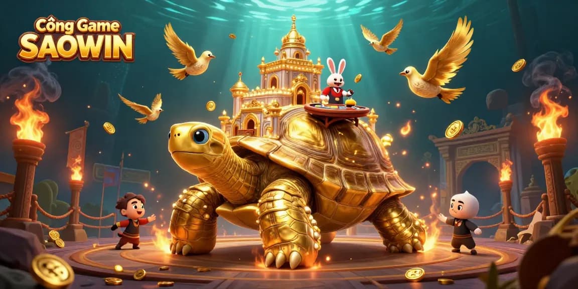 Experience the excitement of Cổng Game SAOWIN featuring a whimsical tortoise casino and colorful characters.