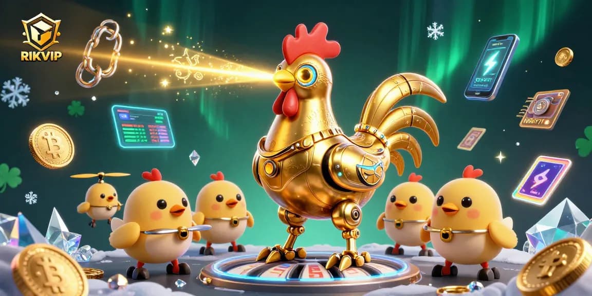 Engage with RIKVIP's vibrant casino adventure featuring a golden rooster robot and baby chick drones amidst glowing crypto coins.