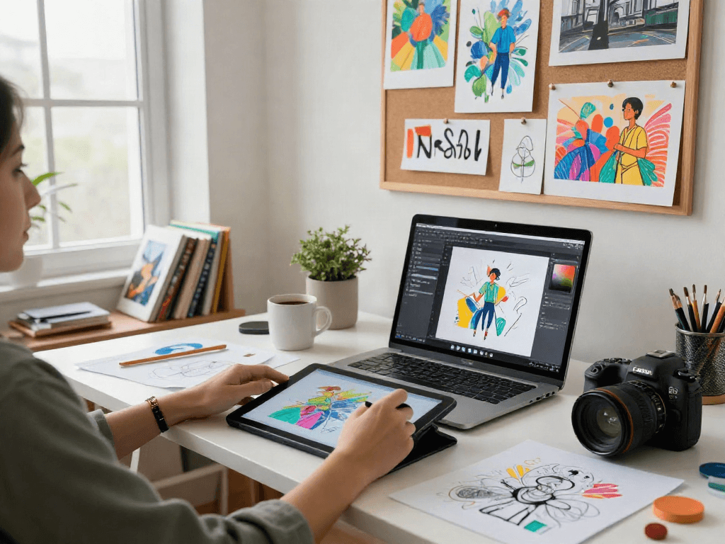 Creating nsfw ai artwork in a vibrant, well-lit art studio filled with creative elements and inspiration.