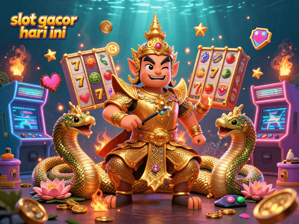 Experience the thrill of slot gacor hari ini with a lively illustration featuring a guardian and vibrant game elements.
