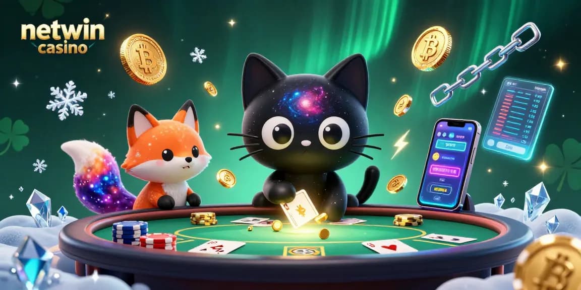 Experience a vibrant netwin casino scene with a cosmic cat and fox at a poker table.