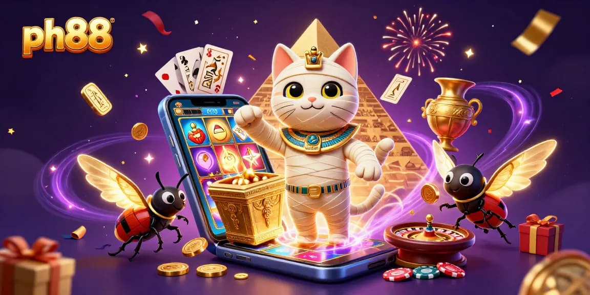 Experience the thrill of winning at ph88 with vibrant casino action featuring a mummy cat and gold coins.