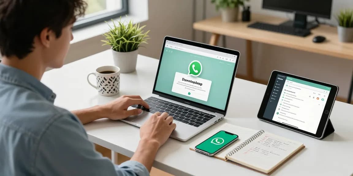 Downloading WhatsApp in a modern tech workspace, showcasing productivity and innovation for WhatsApp下載.