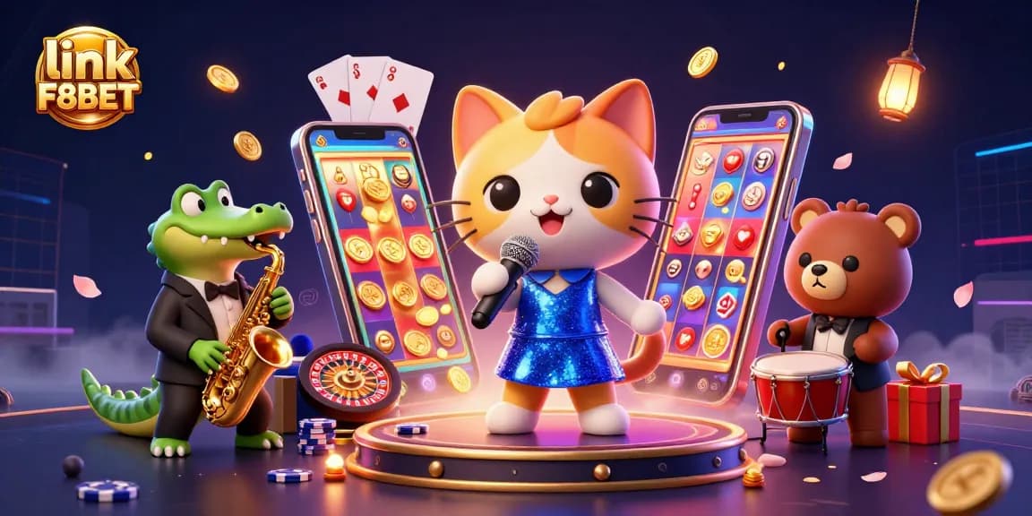 Experience thrilling gameplay with link F8BET in this vibrant casino scene featuring animated characters and dynamic gaming elements.