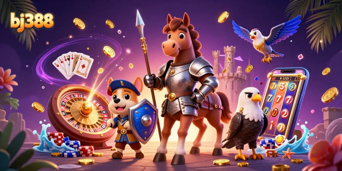 BJ388 players enjoy vibrant 3D casino action with golden coins and roulette for exciting bets.