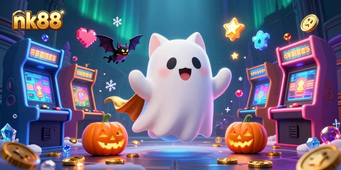 Join the nk88 ghost cat in a haunted casino adventure filled with glowing poker jack-o-lanterns!