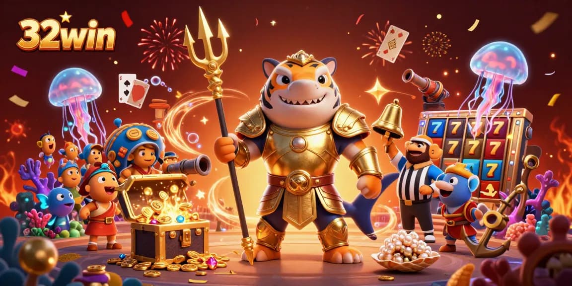 Experience 32win's thrilling underwater slot adventure with a fierce golden shark and treasure!