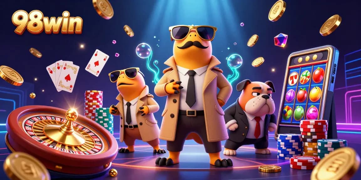 Experience the thrill of winning at 98win with cartoon raptors in a casino setting.