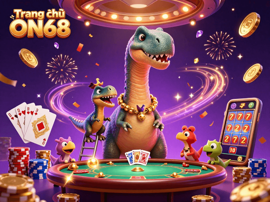 Spinning roulette and a giant brontosaurus at Trang chủ ON68's vibrant casino scene.