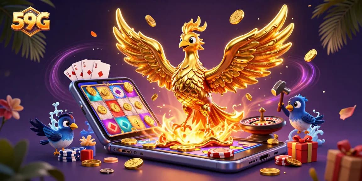Experience the excitement of 59G with a golden phoenix and vibrant casino elements in action.