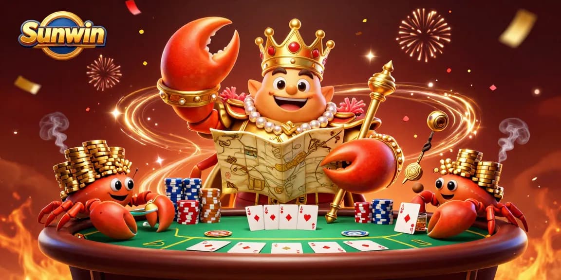 Experience thrilling gambling adventures at Sunwin with a majestic golden crab and poker elements.