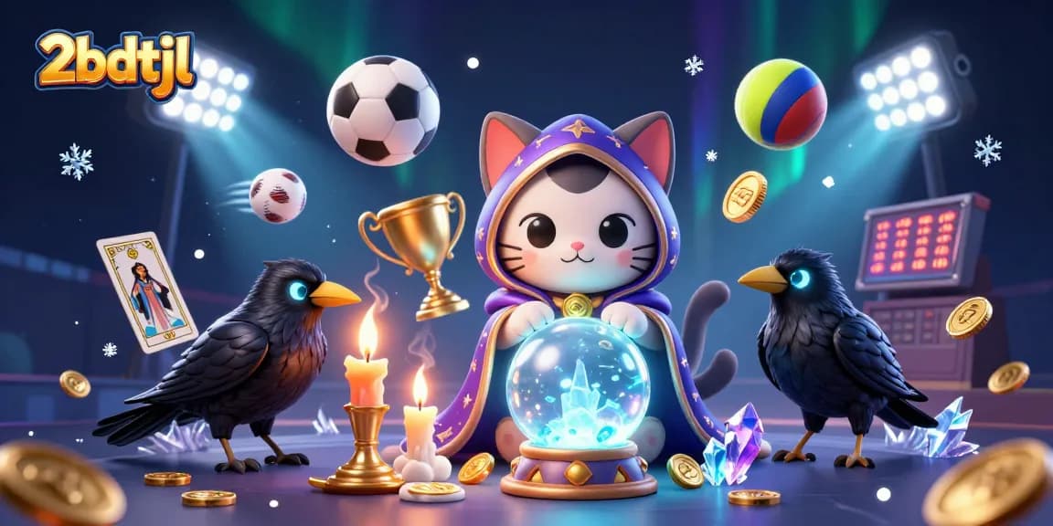 Bet on 2bdtjl with a 3D mystic cat, raven, and dynamic sports elements in a vibrant scene.
