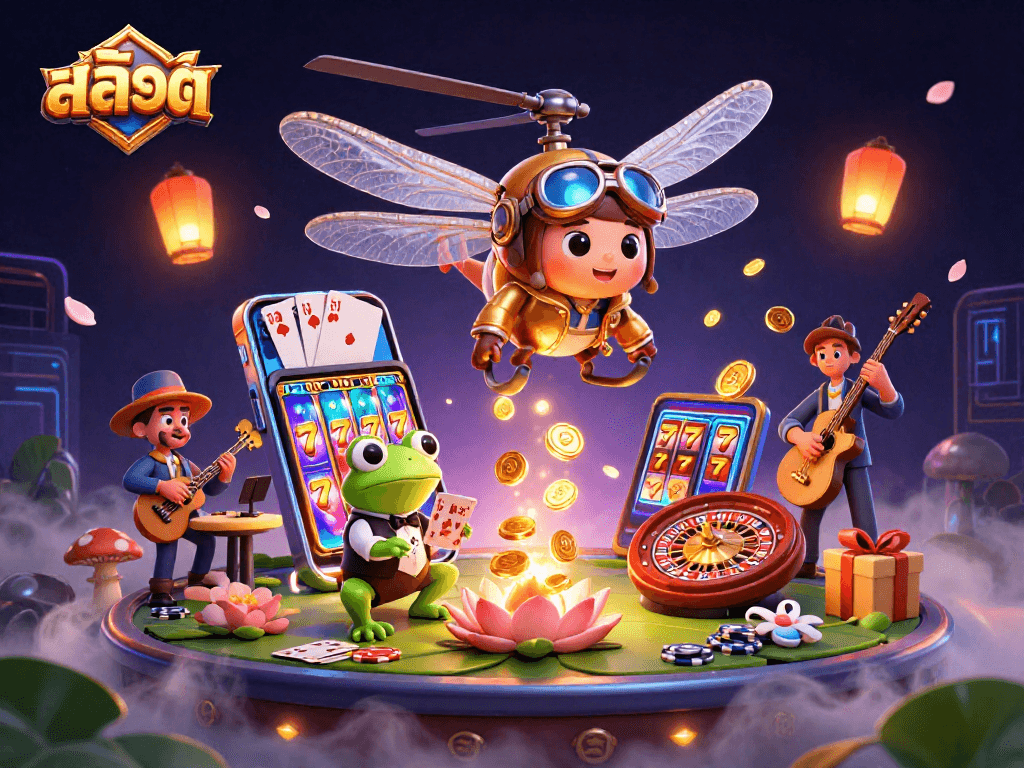 Engaging สล็อต scene with a dragonfly pilot and frog croupier showcasing lively casino action.
