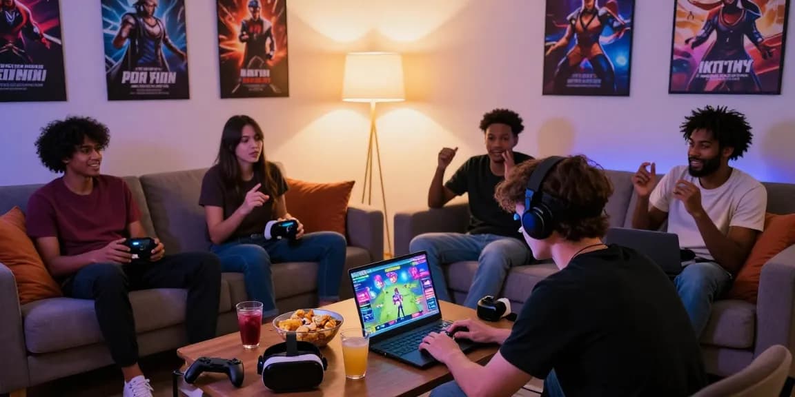 Play hentai games in a cozy living room with diverse gamers enjoying colorful graphics and lively discussions.