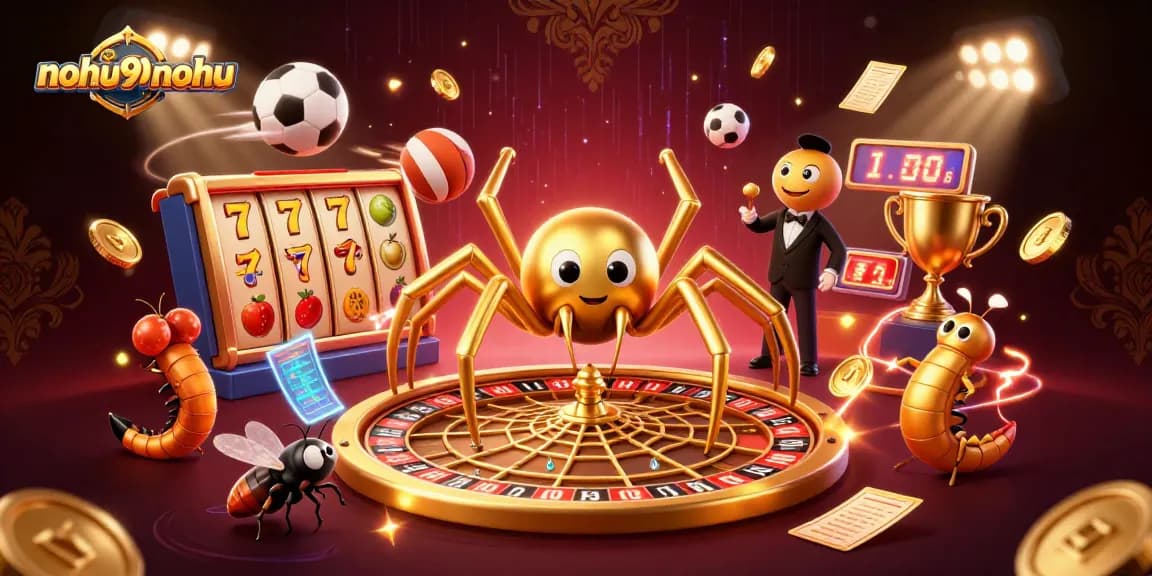 Nohu90nohu attracts players with a golden spider and roulette web showcasing thrilling jackpots.