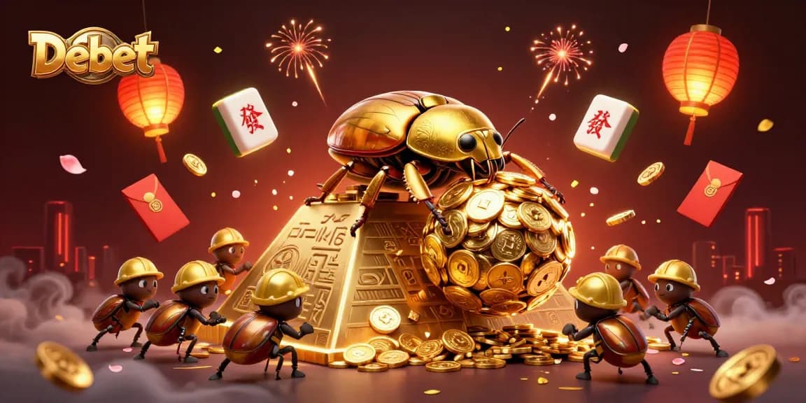 Engage with Debet as a massive golden dung beetle rolls a coin ball in a vibrant casino scene.