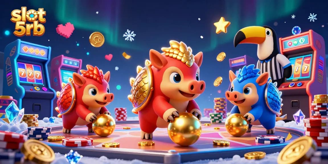 Engage with slot 5rb in a dynamic casino scene featuring animated pangolins and vibrant games.