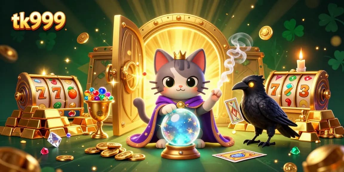 Win big with tk999's vibrant 3D casino scene featuring mystical characters and slot game elements.