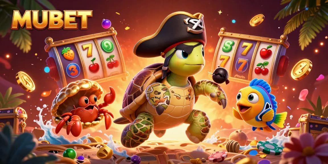 MUBET showcases an adventurous pirate turtle and friends enjoying vibrant slot games amid thrilling casino symbols.