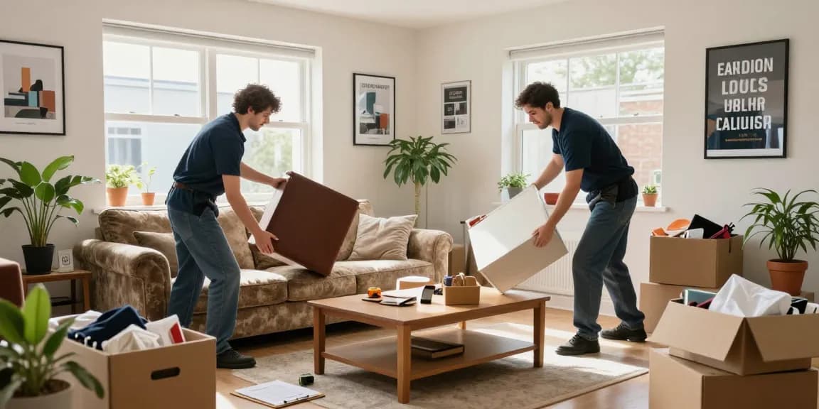 Efficient london house clearance team removing old furniture in a bright living room