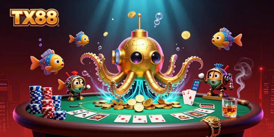 Experience TX88's thrilling poker game with golden kraken submarine surfacing amidst poker chips.