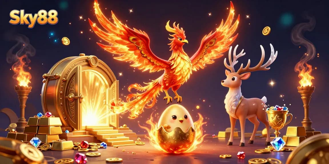 Engage with endless wins at Sky88 with golden treasures and mythical elements in this vibrant casino scene.