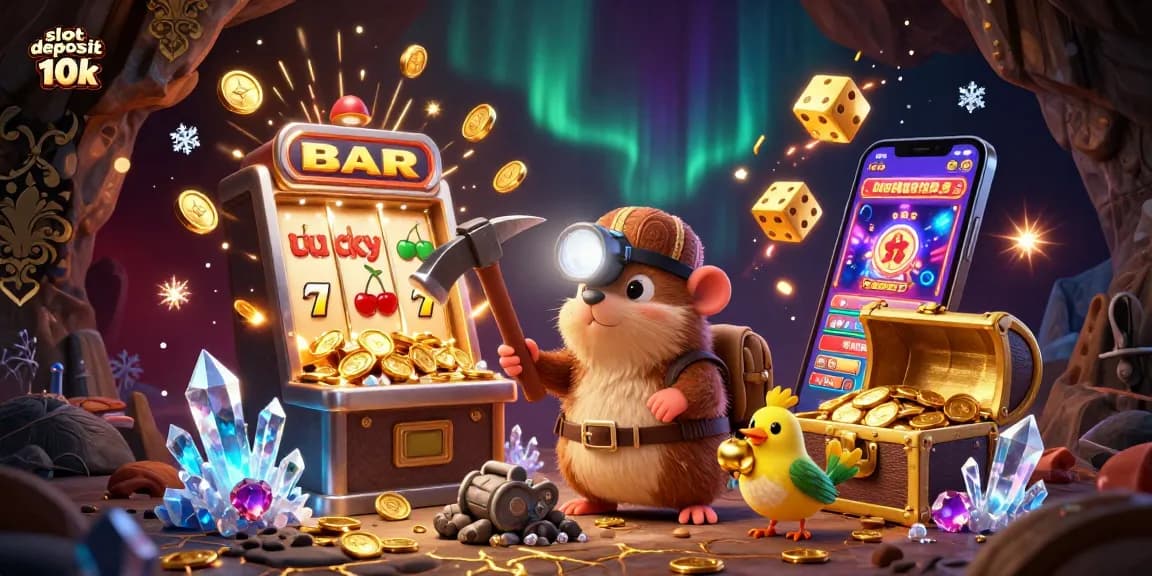 Experience thrilling action with slot deposit 10k in a vibrant, dynamic casino scene featuring a treasure hunter and exciting game elements.