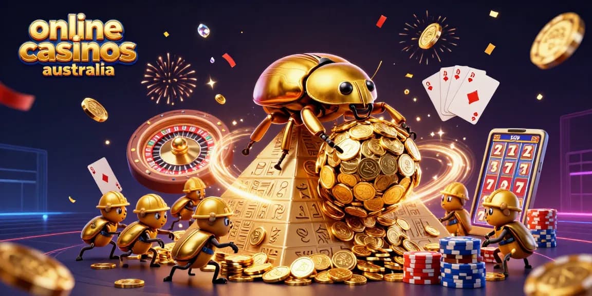 Experience online casinos Australia with vibrant casino elements and action-filled illustration.