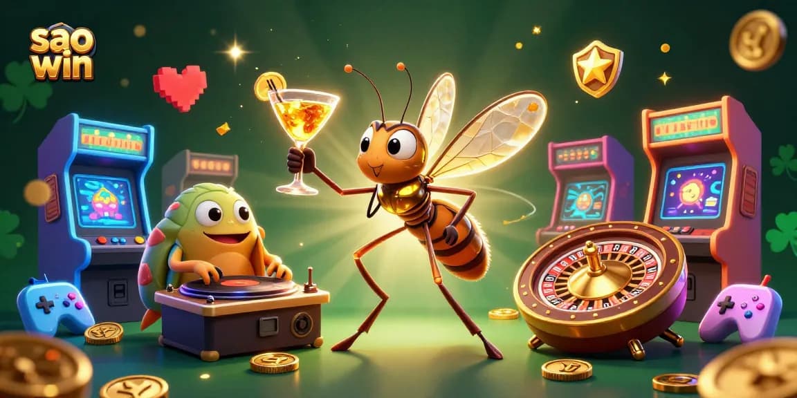 Sao win showcases a 3D frozen mosquito casino mascot and trilobite DJ surrounded by vibrant gaming elements.