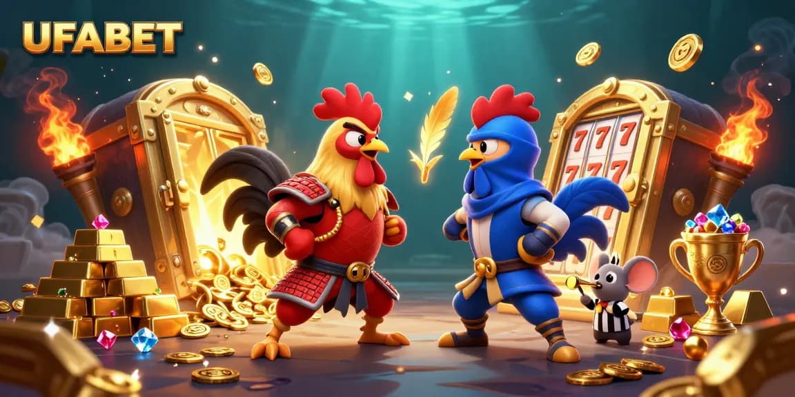 Engage in thrilling battles with twin roosters in UFABET's vibrant 3D casino scene.