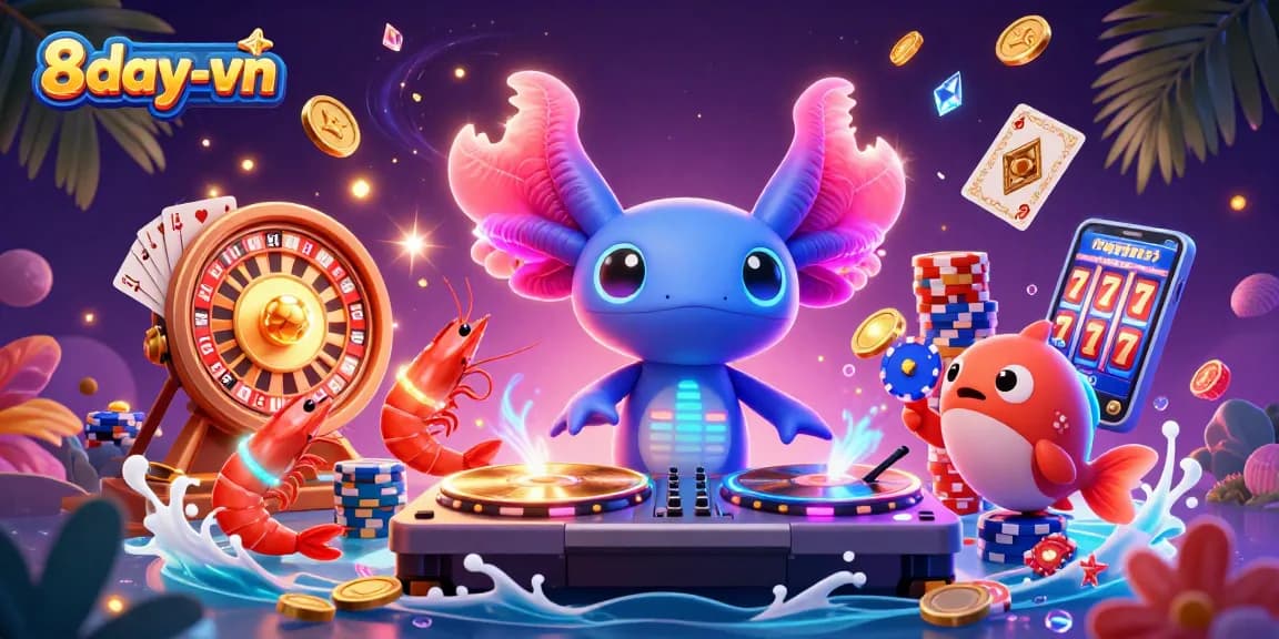 Experience thrilling gameplay and vibrant jackpots at 8day-vn's dynamic casino scene with animated characters.