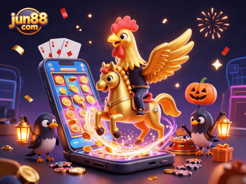Win big with jun88 com in a vibrant casino scene featuring a golden rooster and fun casino elements.