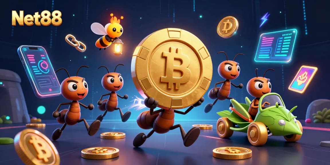 Experience the thrilling heist from Net88 with ants, a firefly, and grasshopper in a vibrant casino setting.