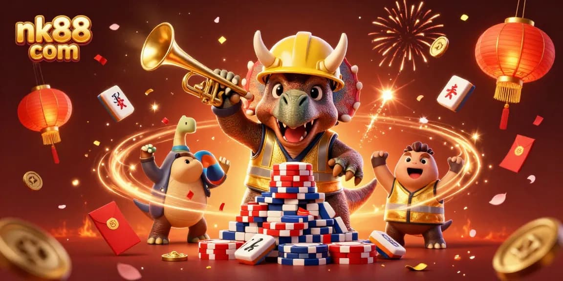 Engage in thrilling bets at nk88 com with vibrant 3D casino-themed illustration showcasing dinosaur characters celebrating around gaming elements.