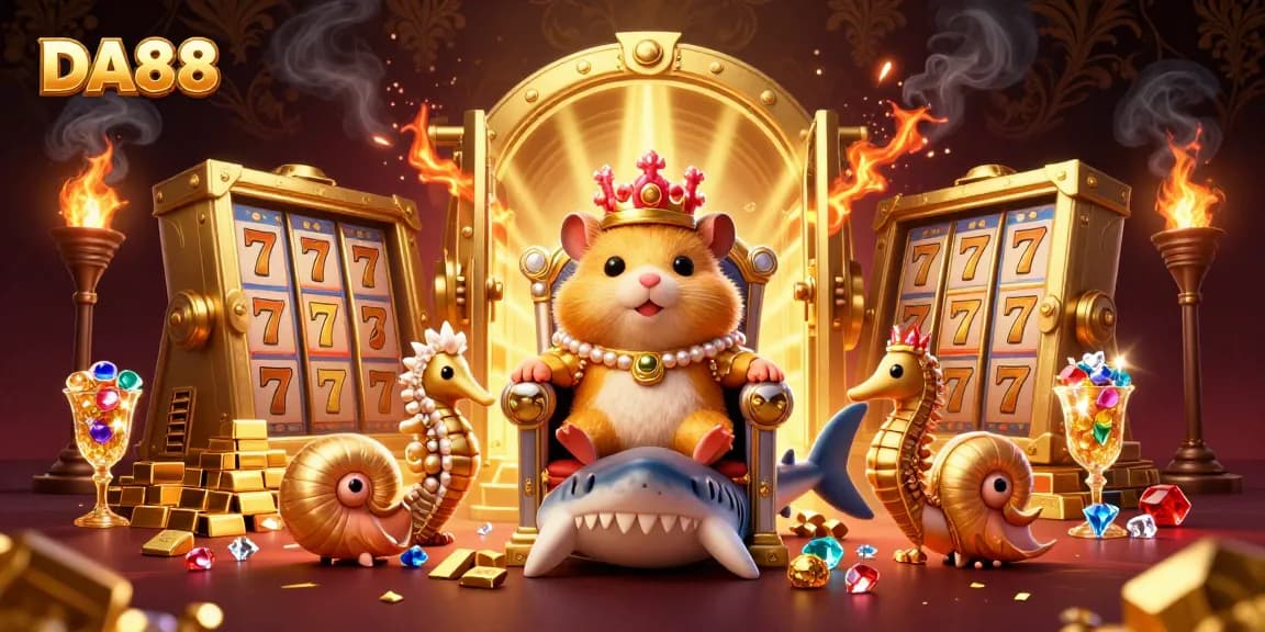 Engage with the excitement of DA88 in this dynamic casino scene featuring a golden hamster king.