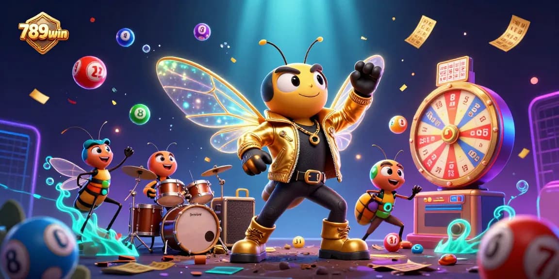 Engage with 789win's vibrant 3D illustration showcasing a rock star cicada and dynamic game elements.
