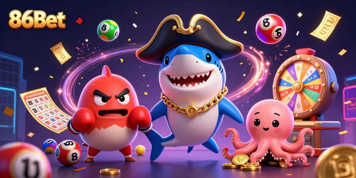 Engage with 86Bet's vibrant casino scene, showcasing dynamic lottery balls and characters celebrating wins.