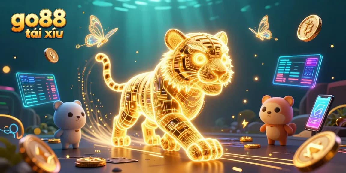Experience go88 tài xỉu with vibrant casino gaming featuring a neon golden tiger alongside crypto elements.