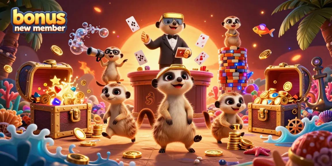 Experience thrilling gameplay with the bonus new member offer at our vibrant casino scene featuring meerkats managing all the action.