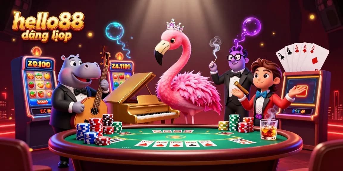 Experience hello88 đăng nhập with vibrant gaming elements including slots, poker, and dynamic characters.
