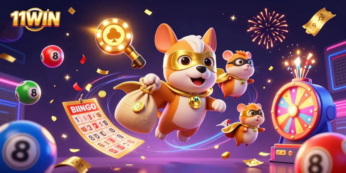 Experience excitement with the 11WIN mascot as it flies, surrounded by dynamic casino elements
