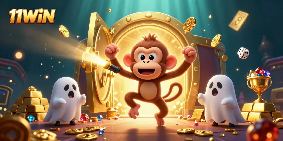 Engage with 11WIN in a lively haunted casino scene filled with golden treasures and playful characters.